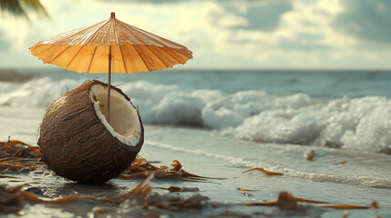 Coconut with Mini Umbrella on Beach Shore with Gentle Waves