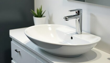 Fototapeta premium Clean, white bathroom sink with chrome faucet, ready for use , restroom, bathroom interior, handle