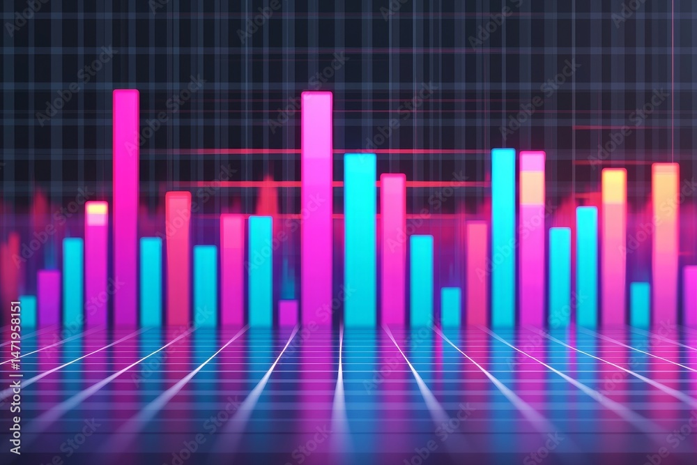 Poster graph diagram projection concept. vibrant bar graph with colorful vertical bars on a dark grid backg