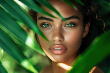 Exotic woman glowing skin with tropical leaves