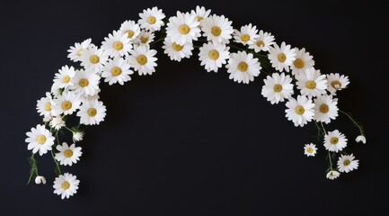 Delicate white daisies arranged in an arch on a dark background.  A cluster of small, charming blossoms cascading gracefully down