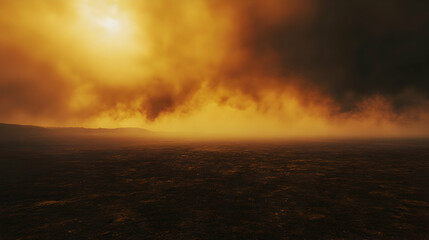 Dramatic Orange Sky with Fog and Dark Clouds Over Empty Landscape