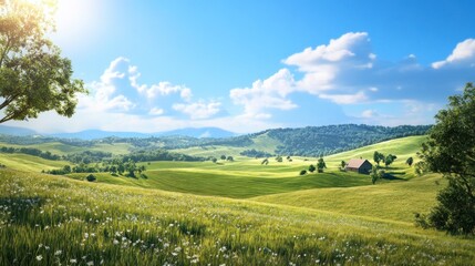 Sunny day, green hills, farm house, summer landscape, idyllic scenery