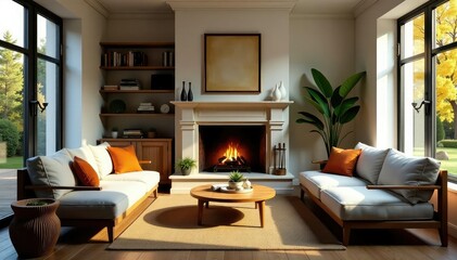 Cozy living room with fireplace, comfortable furniture, and natural light streaming through windows , interior, peaceful, coffee table
