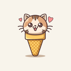 Adorable cartoon of a cat head as an ice cream scoop in a cone. Perfect for kids' designs, stickers, prints, greeting cards, and kawaii-style products.