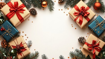 Festive holiday gifts surrounded by christmas decorations and evergreen foliage