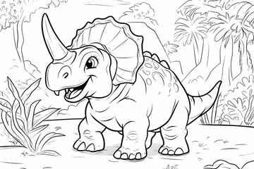 Obraz premium Happy Cartoon Dinosaur Character with Triangular Horn and Frills