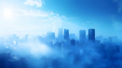 Fototapeta premium Serene Cityscape in Morning Fog with Blue Sky and Soft Light
