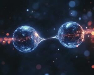 Two Glowing Particles Connected by Shimmering Light Thread in Quantum Entanglement