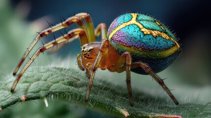 Vibrant spider resting on a leaf, detailed close-up view.