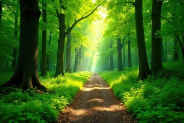 Fototapeta premium Sun-dappled forest path, lush greenery, natural light , dappled, sunlight