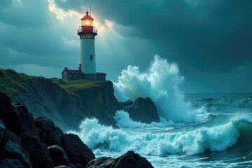Lighthouse battered by fierce waves during a raging storm Dramatic coastal scene , wild, rocky coast, whirlpool