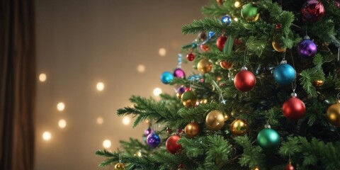 Fototapeta premium Classic green tree, colorful baubles, soft focus lights , christmas decorations, christmas, winter holidays