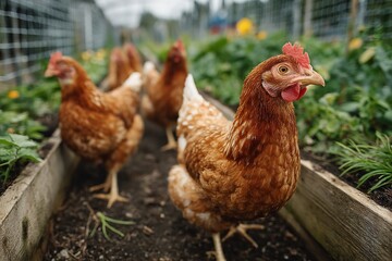 Chickens Walking in Vegetable Garden with Raised Beds, Grass, and Wooden Fence