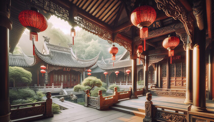 A quiet courtyard in a traditional Chinese temple, with red lanterns, intricate wood carvings, and a peaceful atmosphere.jpg