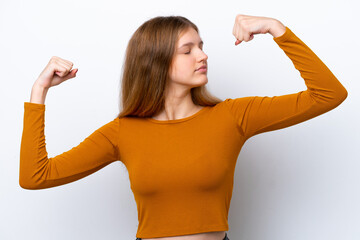 Teenager Russian girl isolated on white background doing strong gesture