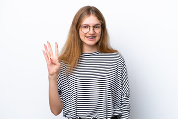 Teenager Russian girl isolated on white background happy and counting four with fingers