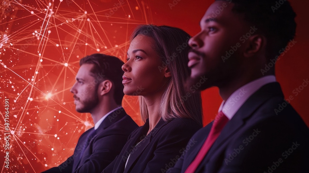 Poster Three professionals in suits look ahead with focus, set against a red background with digital network graphics.