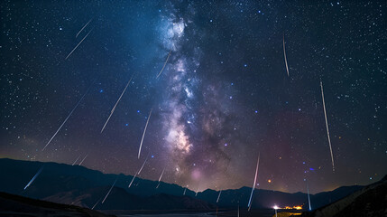 Night sky with meteor shower over a mountain range and the milky way galaxy in the background