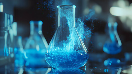 Glowing Blue Liquid in Laboratory Flask with Sparkling Effects