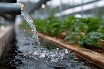 Water cascades from a pipe into a shallow stream beside thriving strawberry plants, illustrating how essential hydration contributes to vibrant agricultural practices.