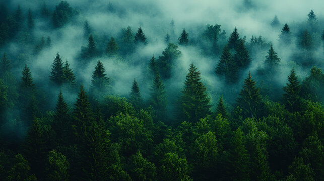 Misty evergreen forest with dense tree canopy and rolling fog, creating a mysterious and atmospheric natural landscape scene.
