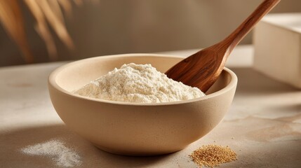 Flour in Bowl with Wooden Spoon, Baking Ingredients, Cooking Still Life