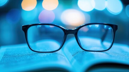Close-up of reading glasses resting on an open book with a soft, blurred blue background