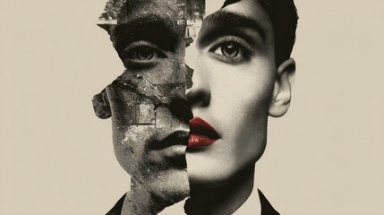 A fragmented portrait divided into contrasting halves.