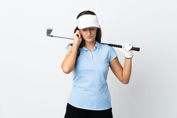 Young golfer woman over isolated white background frustrated and covering ears