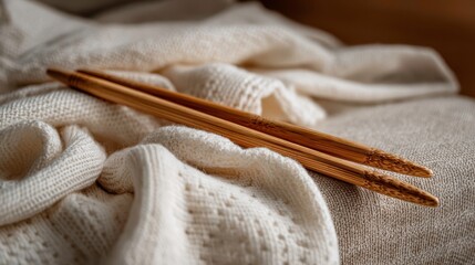 Wooden Chopsticks on Soft Knitted Fabric. Food Culture. Asian Cuisine.