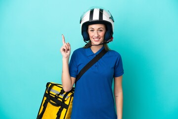 Young caucasian woman with thermal backpack isolated on white background showing and lifting a finger in sign of the best