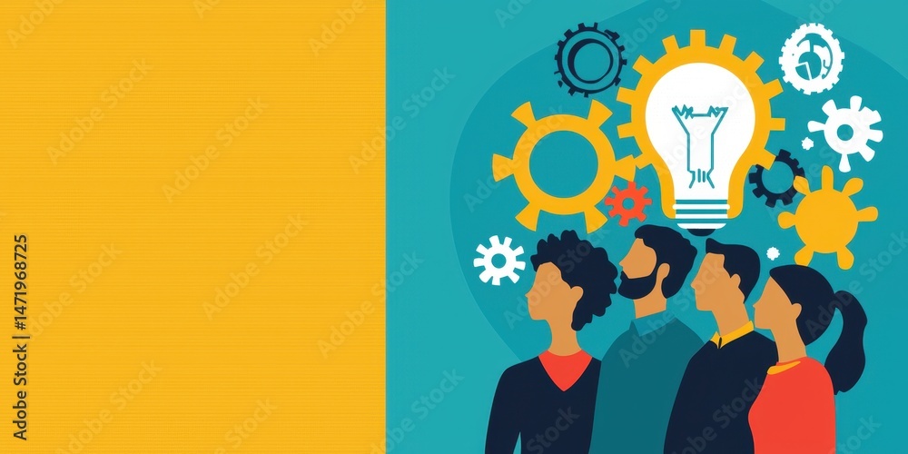 Aufkleber a diverse group of people brainstorm ideas with gears and a glowing lightbulb symbolizing innovation
