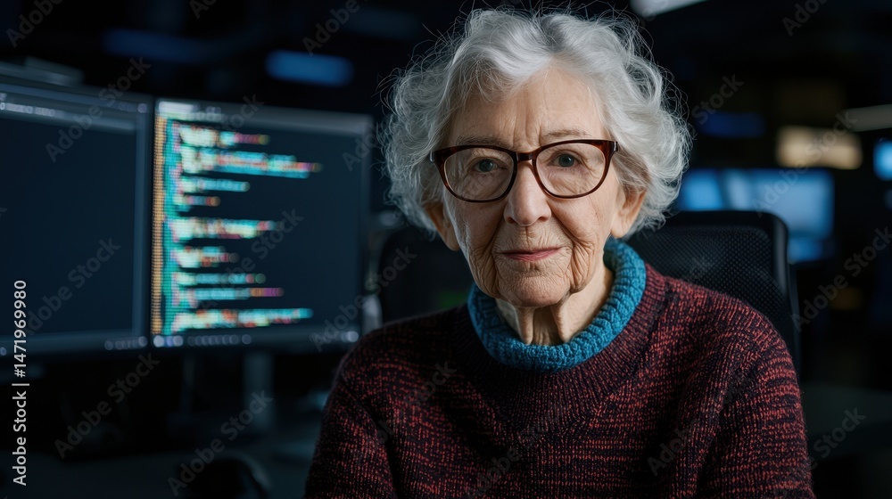 Poster Elderly woman with glasses sits in front of computer screens displaying code in a modern office environment.