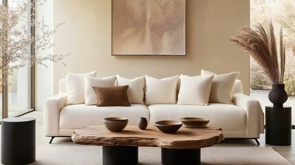 Fototapeta premium Boho nomadic living room with live edge table, beige sofa, and textured stucco wall featuring sandstone accent decor 