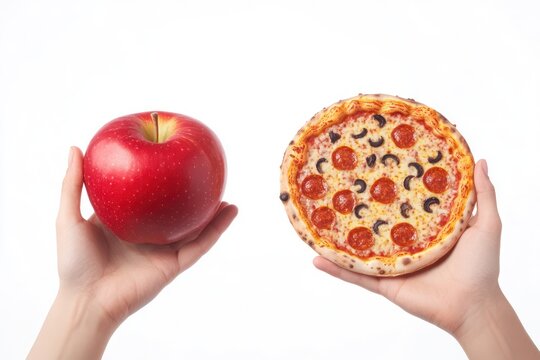 Hands Holding Apple and Pizza Slice on White Background - Powered by Adobe
