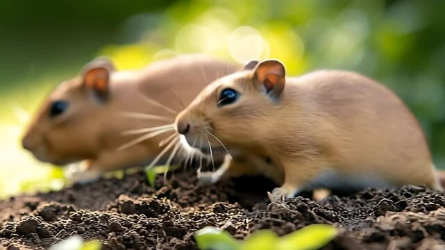 Three curious gophers peeking out from a freshly mounded lawn