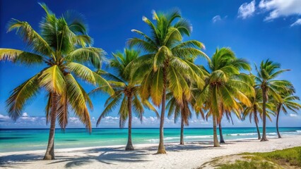Fototapeta premium Palm trees sway gently in the breeze on Varadero beach with crystal-clear waters lapping at their roots and a bright blue sky above , tropical, palm grove