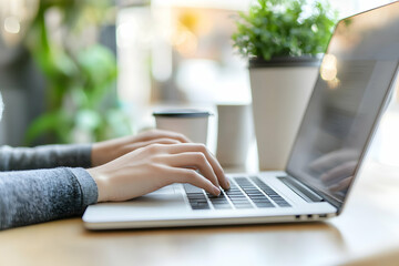 Person Working on Laptop in Cozy Cafe with Green Plants Nearby
