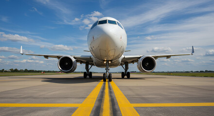 Obraz premium Airplane Awaits Takeoff: A Striking View of a Commercial Jet on the Runway Under a Bright Sky