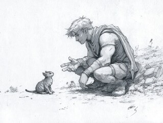 A grayscale illustration of a man and a kitten interacting.