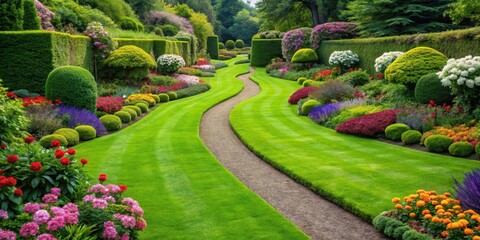 Obraz premium Well-manicured lawn with lush green grass and vibrant flowers surrounded by neatly trimmed hedges leading to a winding stone path, garden path, greenery