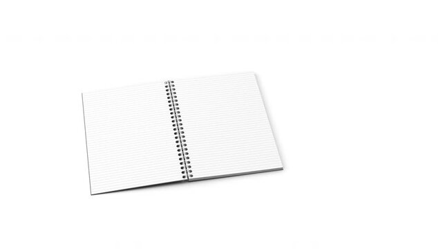 4K animation of a spiral-bound notebook with lined pages flipping smoothly. alpha channel for easy compositing. Perfect for presentations, branding, motion graphics, and design mockups.