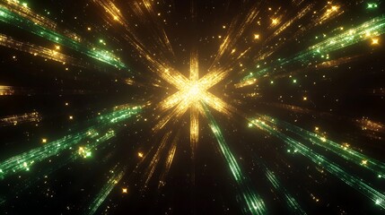 Fototapeta premium Abstract flickering gold and green light rays forming cross patterns in black space, luminous aura effect,