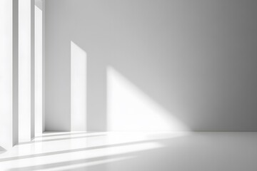 Minimalist white room with sunlight and shadows creating geometric patterns and depth
