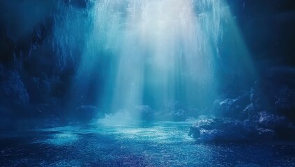 Abstract Blue Water Surface with Light Rays Reflecting in Dark Deep Ocean Scene