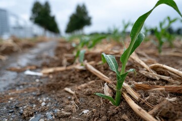 Fototapeta premium A vibrant young corn plant stands strong in the field, symbolizing dedication to agriculture and the resilience of crops in nurturing environments.