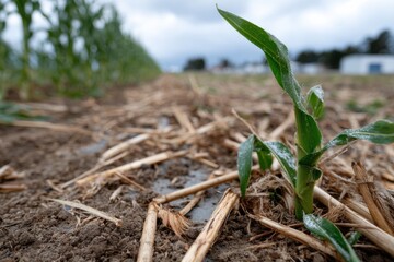 Fototapeta premium A young corn plant emerging from the soil signifies new beginnings and the potential for agricultural growth in a thriving, fertile environment.