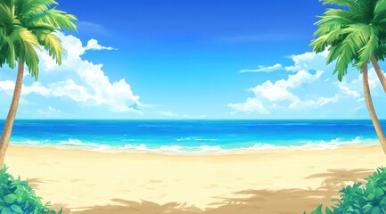 Tropical beach scene, vibrant colors, sunny day.  Vast expanse of sand, ocean, and sky. Lush palm trees frame the view