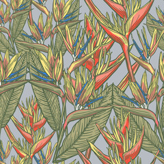Seamless pattern with hand drawn strelitzia. Artistic drawing of Strelitzia with pen and ink. Colorful tropical plants on the grey background. Not AI generated.